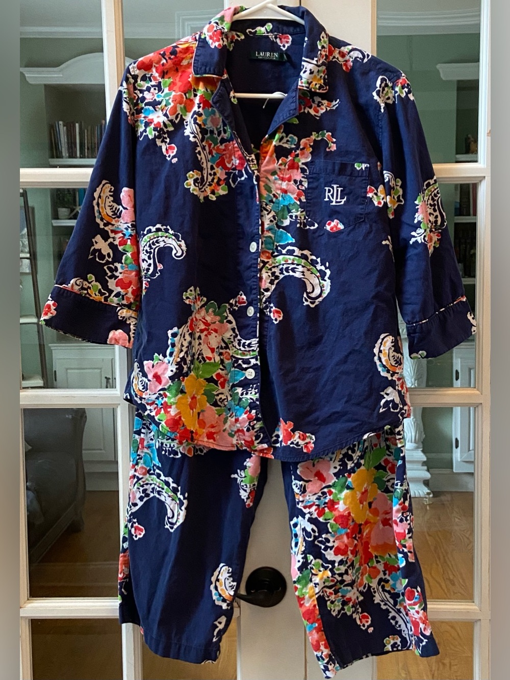 Ralph Lauren Navy Paisley Floral 100% Cotton Pajama Pant Set Size Medium